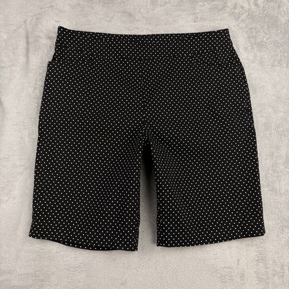 Time and Tru Bermuda Shorts Womens L Black Polka Dot Stretch Mid Rise Flat Front